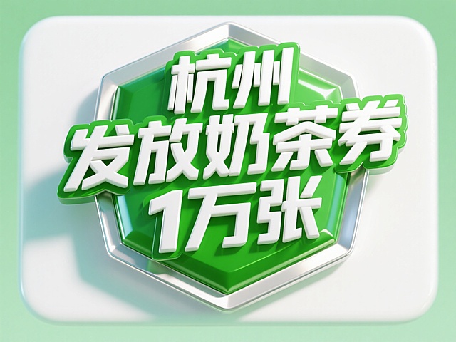 一个徽章，徽章上是白色金属质感立体大字“杭州 发放奶茶券 1万张。整体配色为绿色为主，风格活泼醒目，突出文案，背景为白色渐变