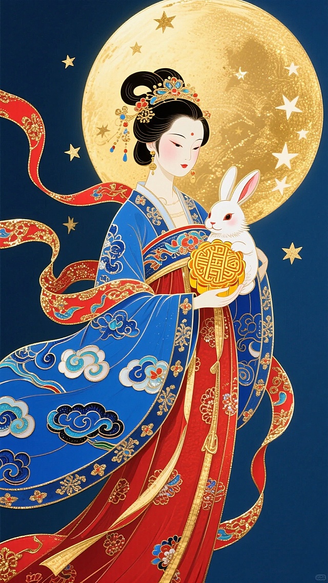 传统汉服的女子，身旁有玉兔抱月饼