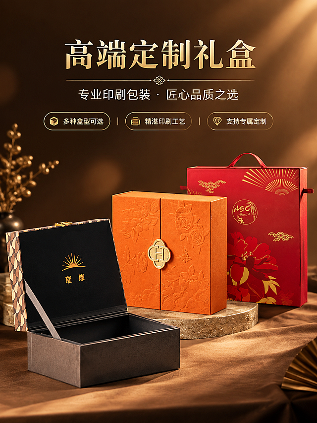 [商品] 使用【图1】咖色老花翻盖礼盒、【图3】橙色双开门礼盒、【图5】红色手提礼盒；三款礼盒组合展示，保留每款礼盒的结构、颜色、材质、Logo和图案细节；修复轻微瑕疵，增强印刷清晰度与材质质感。
[画面] 目标：高端定制礼盒首图海报，突出多款精美印刷包装整体实力。三款礼盒错落摆放，咖色翻盖礼盒居左前侧打开状态，橙色双开门礼盒居中正面展示，红色手提礼盒居右后侧，形成前后层次。产品占画面70%，居中偏下，上方留白放标题。背景为深棕色渐变+柔和光斑，营造高端影棚氛围。
[视觉] 套系策略：风格=高端精致商业摄影风；标题字=粗衬线宋体；正文字=现代无衬线体；主色=深棕金；背景延展=深棕到暖金渐变、细腻纸张/绒布质感；强调色=烫金色，仅用于图标、引线、标签；标题色=烫金色；正文色=米白色；组件=金色细线、圆角信息卡、装饰分割线；光影=右前侧暖柔光，左侧辅光，产品底部柔和投影。
[文字] 上方居中主标题「高端定制礼盒」，副标题「专业印刷包装 · 匠心品质之选」，下方3个卖点：多种盒型可选 / 精湛印刷工艺 / 支持专属定制。文字不遮挡礼盒主体。
[规格] 图片比例3:4竖版，4K分辨率，负向提示：避免变形、错字、模糊、颜色偏差、结构失真、冷蓝背景。