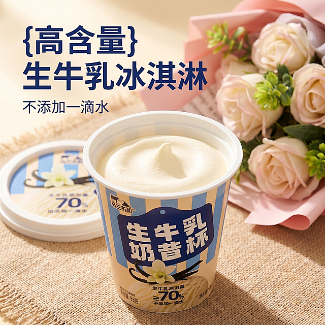 [主图 1] 乌兰布和生牛乳冰淇淋系列首图
[氛围风格] 清新夏日，干净高级的美食摄影风格，突出浓郁食欲感
[画质] 商业摄影质感，光线柔和通透，产品清晰真实，画面干净高级
[元素] 打开的香草口味生牛乳冰淇淋居中展示，绵密细腻的冰淇淋顶清晰可见，背景搭配粉色玫瑰花束作柔和装饰，营造高级氛围感。保持产品包装外观、冰淇淋颜色质地与输入产品图绝对一致，杜绝任何变形和色差，精细化处理。商品主体占比严格控制在60%-80%之间，大图满铺无边框。
[光影] 自然暖阳逆光，突出冰淇淋绵密细腻的质感和奶油光泽，通透有层次，高光不溢，暗部清晰
[配色] 主色调为奶油米白、包装蓝棕，搭配粉色花束浅色调，整体清新高级，夏日清凉感
[视角构图] 平视视角，主体居中，景深适中，产品完整不裁切
[文字版式] 左上负空间左对齐留安全边距，主标题 "{高含量} 生牛乳冰淇淋" 深蓝色最大号粗体无衬线；副标题 "不添加一滴水" 约半高，同色系略浅
[比例分辨率] 1:1 比例，2k 分辨率，文字清晰可辨，超高清
[负向提示词] 变形，水印，文字错乱，产品图模糊，背景杂乱，牛皮癣，配色刺眼，遮挡主体