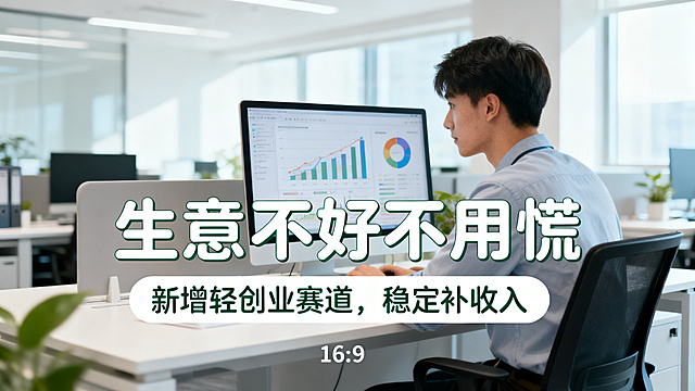 16:9尺寸海报，主标题:"生意不好不用慌"，副标题:"新增轻创业赛道，稳定补收入"，使用圆体字体，背景为明亮简约办公室，年轻创业者看电脑图表，清新励志风格，主副标题分明