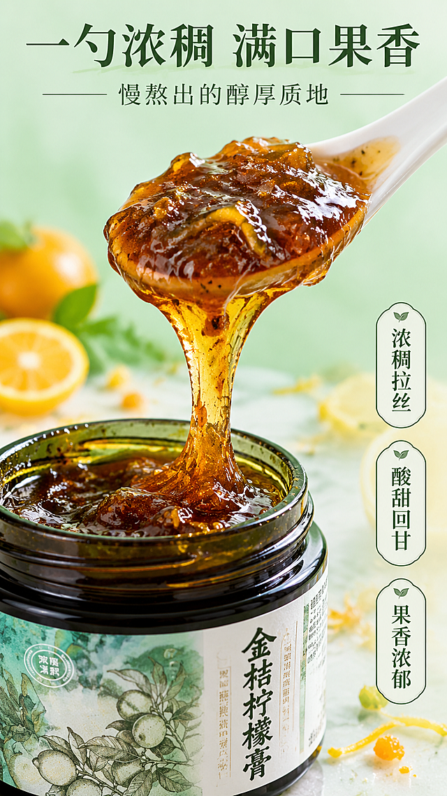 [第4张] 口感质地特写-膏体浓稠微距展示。本张使用【图1】作为产品辅助，主画面为膏体质地特写。
[氛围/风格] 食欲感微距摄影，浓稠诱人质感，高清细节。
[元素布局] 画面中央偏上为白色瓷勺，勺中盛满深琥珀色金桔柠檬膏，膏体缓缓向下拉丝滴落，拉丝形态自然流畅；勺旁玻璃罐（使用【图1】罐身外观，开盖状态）露出部分膏体，占比约30%；背景虚化浅青绿色，点缀金桔果肉碎与柠檬皮屑；底部浅色大理石台面。
[光影质感] 侧上方柔光打亮膏体表面，呈现光泽感与粘稠质感，拉丝部分透光，阴影柔和，突出浓稠厚重的食材质感。
[配色色系] 全局底色 #F0F7EE 浅青绿；主色深琥珀膏体色；辅助色白色瓷勺、金黄果肉。
[视角构图] 45°斜侧微距视角，焦点集中在勺中膏体与拉丝，背景虚化，阅读动线顶部标题→中部膏体特写→底部口感标签。
[文字版式] 顶部主标题「一勺浓稠 满口果香」宋体大字，副标题「慢熬出的醇厚质地」；右下角3个口感标签：「浓稠拉丝」「酸甜回甘」「果香浓郁」，竖排圆角胶囊样式；文字不遮挡膏体核心区域。
[比例分辨率] 9:16 竖版比例，4K分辨率，文字清晰可辨，高清画质。
[负向提示词] 膏体稀水，颜色偏差，产品变形，水印，文字错乱，背景杂乱，不真实。