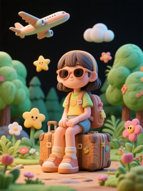 旅游追光少年，3d图标，卡通风格，亚光粘土材质，黑色干净背景，立体微缩景观，正视图，时尚女孩戴着墨镜坐在行李箱上，身后是森林景观，周围植物和花朵围绕生长，身边有卡通拟人化的星星、花朵、云朵装饰，头顶有预览效果