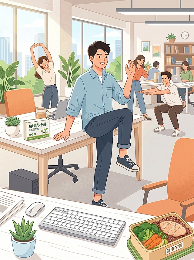 一张公众号文章内页配图，配合护肠方法内容，画面温馨积极，展示碎片化运动场景，传递零门槛可执行的健康理念。现代简约的办公室环境，阳光明媚。画面中心是一位年轻男性上班族，穿着休闲衬衫，面带微笑，正离开座位做原地高抬腿动作。他的一只手自然地扶在桌边，桌面上放着一杯温水和一盒标注"植物乳杆菌"的益生菌产品。画面采用俯视视角，将电脑键盘、绿色盆栽、健康午餐盒（含有蔬菜和粗粮）作为前景元素。背景中有同事也在起身活动，整体氛围轻松、健康、有活力。色调以暖白色和清新的绿色为主，扁平化插画风格，线条简洁，色彩明快