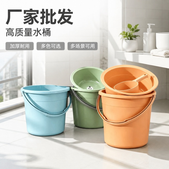 [主图-1] 马卡龙配色塑料水桶厂家批发首图，放在明亮简约的阳台洗漱区展示。氛围风格：清爽实用，性价比风，大字直白突出卖点。画质：商业摄影质感，光线明亮通透，产品清晰真实，画面干净高级。保持塑料水桶的预览效果