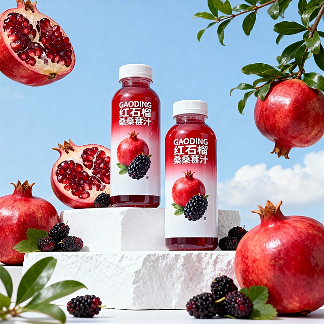 商业产品摄影，低角度平视视角，2 瓶红白色渐变瓶身的红石榴桑葚汁饮料放置在简洁的白色石膏展台上；瓶身印有 “GAODING红石榴桑葚汁” 文字及红石榴、桑葚图案，瓶旁环绕新鲜切开的红石榴（露出饱满果粒）、完整红石榴与带叶桑葚；背景是淡蓝色天空 + 少量蓬松白云，突出瓶身光泽和水果的饱满质感；写实高清，色调鲜艳清新，食品广告风格，细节清晰无多余元素。