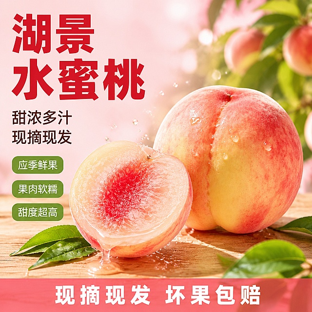 [单张主图] 湖景水蜜桃，爆款促销感电商主图，目标适配抖音平台，突出新鲜多汁的高点击效果。
[画面主体] 完整的湖景水蜜桃实物主体，保留原水蜜桃粉黄渐变的自然色泽、表面水珠细节、浅桃色绒毛质感，保持产品外观形状和结构与输入产品图一致，无变形无色差。水蜜桃主体占画面约60%，放置在画面中心偏右下位置，搭配切开一半的水蜜桃展示横截面，呈现粉嫩多汁果肉爆汁的状态，果肉上有汁水缓慢流淌，几颗水珠飞溅出来增加动态感。周围搭配新鲜桃叶作为点缀，自然不杂乱。
[构图版式] 使用左文右品标签参数型版式，左侧38%区域放文案，右侧产品主体，底部放置权益信息条，分区清晰主体突出不遮挡。
[场景元素] 背景为浅粉色渐变，融入淡绿色桃林虚化远景，营造现摘鲜果的产地氛围，底部有浅木色台面承托，整体干净清爽，不抢产品主体。
[文案版式] 左上区域，粗黑大字"湖景水蜜桃"，字号最大，红色粗体；下方依次是两行小字，"甜浓多汁"、"现摘现发"，字号缩小一半，深褐色。左侧下方三个圆角浅绿标签，分别写"应季鲜果"、"果肉软糯"、"甜度超高"。底部通栏浅红色半透明信息条，白色文字写"现摘现发 坏果包赔"，居中排列，清晰易读。所有文字不遮挡水蜜桃主体，都放在留白区域。
[光影质感] 使用自然暖调逆光，从后方打亮水蜜桃轮廓，凸显果皮通透感，正面用柔和辅光填充阴影，让果肉细节清晰，水珠晶莹剔透，整体光线通透干净，商业生鲜摄影质感，景深适中，背景虚化，突出主体。
[配色字体] 主色调浅粉淡绿清新自然，强调色水蜜桃红色，字体使用粗黑体主标题，无衬线字体做辅助文案，字重对比清晰，大字醒目小字清晰。
[比例分辨率] 1:1比例，2048×2048，2K分辨率，文字清晰可辨，超高清商业摄影质感，符合抖音平台主图规范。
[负向提示词] 变形，文字错乱，产品模糊，背景杂乱，水印，电商平台Logo，错字，糊字，主体遮挡，低清晰度，错误结构