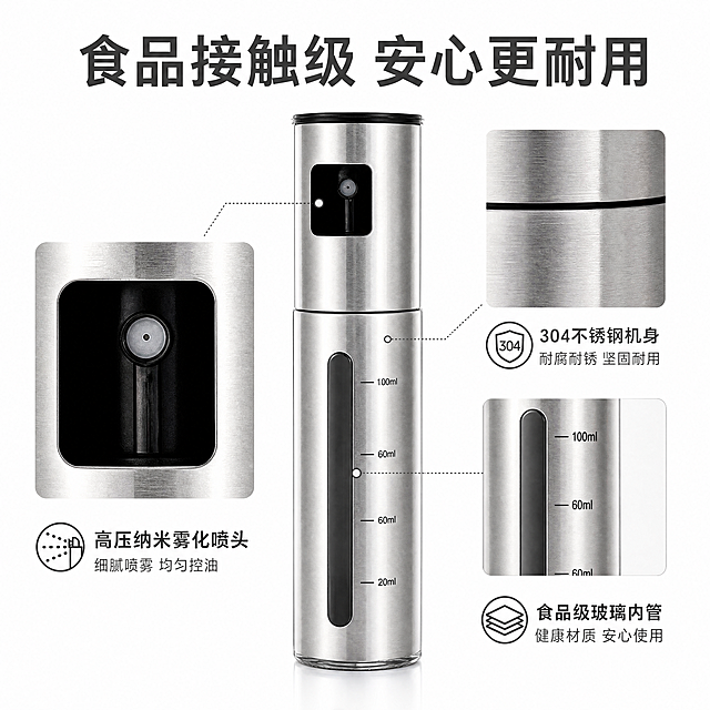 [主图-8] 喷油壶材质细节安全展示
[氛围风格] 纯净简洁，突出产品细节和品质感
[画质] 商业摄影质感，光线柔和通透，产品清晰真实，画面干净高级
[元素] 喷油壶局部微距特写，重点展示304不锈钢机身、可视刻度窗和高压喷嘴，放置在纯白色背景上，保留产品整体轮廓，放大喷嘴和刻度区域，保持喷油壶外观、物理结构、材质质感、颜色与输入产品图绝对一致，杜绝任何变形和色差，精细化处理，细节区域清晰锐利，主体占比约75%
[光影] 环形柔光灯均匀打光，消除死角阴影，清晰展示金属拉丝纹理和玻璃通透感
[配色] 主色调不锈钢银，白色背景，简洁高级
[视角构图] 中心特写构图，突出关键细节
[文字版式] 顶部大字「食品接触级 安心更耐用」深灰色粗体，底部三个卖点：「304不锈钢机身」「食品级玻璃内管」「高压纳米雾化喷头」，每个配图标注，清晰说明材质安全优势
[比例分辨率] 1:1 比例，4k 分辨率，文字清晰锐利，画面超高清
[负向提示词] 变形，水印，文字错乱，产品图模糊，背景杂乱，文字遮挡主体