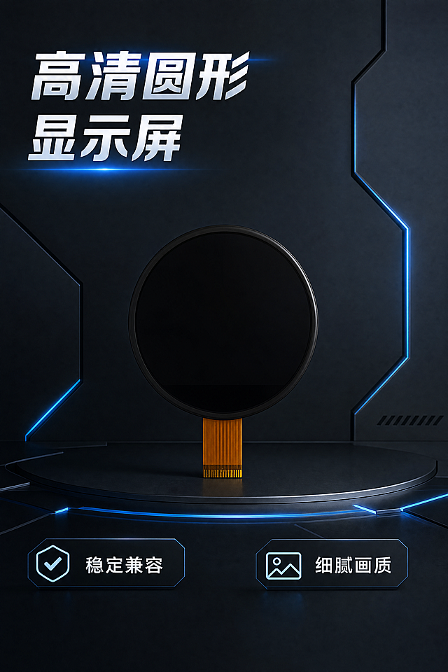[第1屏] 详情页头图-圆形LCD液晶显示屏产品宣传图。本屏使用【图1】作为商品主体。保持产品黑色圆形屏幕、黑色边框、底部金色排线的结构、材质与颜色一致。深色科技工业风，深灰背景配浅蓝发光线条，左上角主标题"高清圆形显示屏"，左下角标签"稳定兼容"，右下角标签"细腻画质"。7:10比例，4K，文字清晰，负向提示：变形,缺件,水印,文字错乱