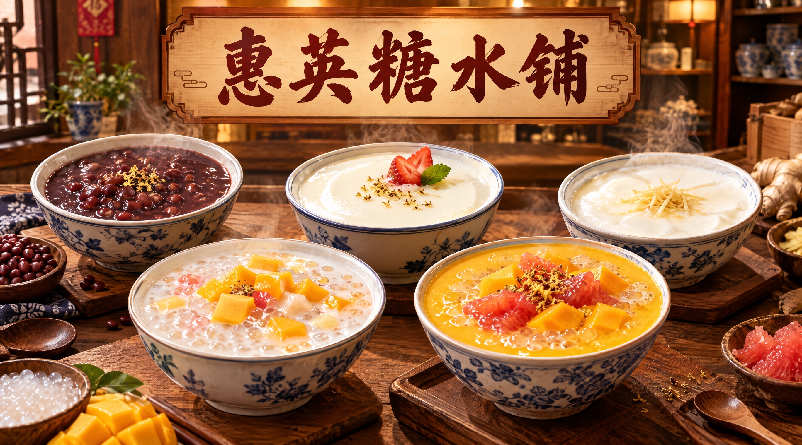 惠英糖水铺店招设计，横版长方形构图。画面展示多款经典广式糖水的… - 图片创意预览