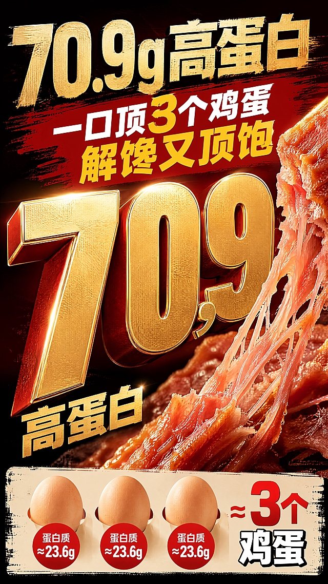 拼多多卖点图，深色红黑渐变背景，超大金色立体数字"70.9g"居中占画面40%，右侧手撕猪肉干拉丝特写，肉丝根根分明油润有光泽，底部3个鸡蛋图标横向排列做营养对比。大字报风格冲击力强，主标题"70.9g高蛋白"，副标题"一口顶3个鸡蛋 解馋又顶饱"。猪肉干质感真实，颜色与参考产品一致。竖版9:16，文字粗大清晰，高对比度，4K高清。
