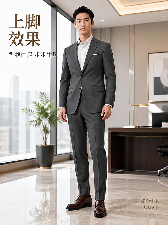 [第5屏] 商务正装皮鞋上脚主造型页。男性模特穿着西裤的正面全身上脚效果，商务场景站姿。
[氛围/风格] 商务精英大片，办公室场景，专业自信，商业摄影质感。
[元素布局] 男性亚洲模特，30岁左右，身材挺拔，穿着深灰色西装套装和白色衬衫，脚穿深棕色德比皮鞋；模特位于画面中央，正面站姿，双手自然垂于身体两侧，重心略偏一脚，姿态自然不僵硬；背景为现代化办公室，落地窗、简约办公桌、绿植虚化处理；皮鞋在画面下半部分，清晰展示上脚效果和鞋型比例；模特只露到胸部以上或全身，面部表情专业自信。
[光影质感] 窗边自然光为主，柔和均匀，人物轮廓清晰，皮鞋有自然光泽，地面有柔和倒影，整体明亮高级。
[配色色系] 全局底色 #F5F2ED 米灰调；主色深棕皮鞋 #5C3D2E、深灰西装 #4A5568；辅助色白衬衫 #FFFFFF、金色点缀 #C9A96E。
[视角构图] 正面平视，全身构图，人物位于黄金分割点，皮鞋为视觉落点之一，阅读动线从上到下最终落在鞋上。
[文字版式] 左上角主标题「上脚效果」4字大号衬线字体深棕色，副标题「型格由足 步步生风」8字中号深灰色；右下角小号英文装饰「STYLE SNAP」金色；文字不遮挡人物和皮鞋。
[比例分辨率] 3:4竖版比例，4K分辨率，文字清晰可辨，高清画质。
[负向提示词] 鞋型变形，颜色偏差，模特面部模糊，水印，文字错乱，姿势僵硬。