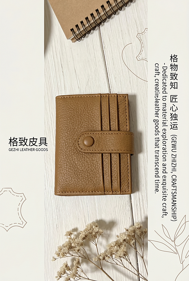 [主图-2] 品牌理念展示屏。严格还原上传产品图所有细节：包装设计、颜色、LOGO位置、文字内容、图案元素完全一致，不得改变设计和配色。保持荔枝纹皮革哑光细腻质感、金属按扣冷亮质感，整体复刻参考图设计风格、排版布局、整体色调。简约原木素雅背景，左侧放置格致皮具中英文品牌LOGO，右侧搭配品牌理念文案排版，搭配简约皮具意境线条元素，上下留白均衡构图，色调沉稳低调，凸显格物致知匠心皮具品牌调性，版式对齐参考图文字分区样式。轻奢简约商务风，精致分区文字排版，高清实物实拍质感，柔和自然光影，低饱和莫兰迪色系调性。保持产品外观与参考图完全一致，2:3竖屏，分辨率清晰，文字清晰可辨。负向提示词：变形，水印，文字错乱，产品图模糊，背景杂乱。