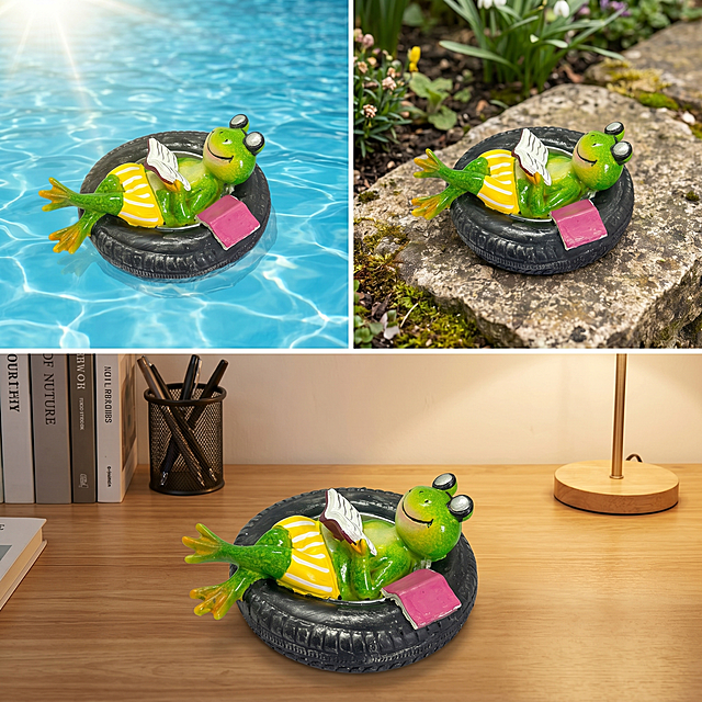 [Main Image 4] Multi scenario display of the frog reading tire ornament. [Style] Collage layout, show multiple applicable scenes. [Content] The collage shows the ornament being used in 3 different scenarios: 1 floating on swimming pool water, 2 placed on courtyard stone, 3 placed on indoor desk. Keep the product appearance consistent in all 3 scenarios. Simple layout, clear picture separation. [Quality] Commercial photography, consistent light, clear picture in each frame. [Proportion] 1:1, 2K resolution. [Negative prompt] No extra text, no watermark, no distortion.