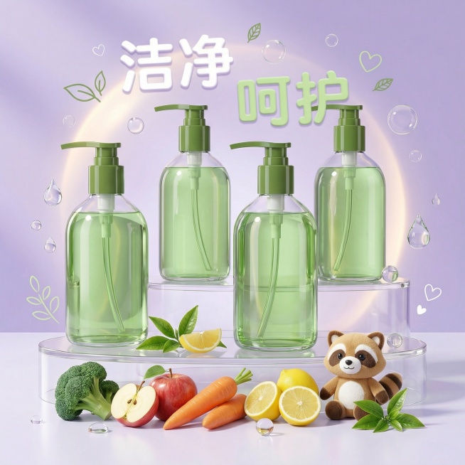 混合美妆与童趣风格，3D产品可视化，婴儿护理清洁液，双层展示台：上层放产品，下层放果蔬或成分示意，柔和薰衣草紫与白色调，影棚灯光带柔和光晕，C4D渲染，洁净卫生感，透明瓶身可见绿色液体，飘浮水滴，“洁预览效果