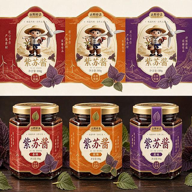 将图一的包装展示图改成图二那样的版本样式：参考图二的瓶型、标签排版、展示形式、配色和整体风格，把图一的设计内容（品牌logo、包装标签文字、设计元素）应用上去，换成与图二相同的展示版式，整体适配自然、颜色和谐、高端大气，1K分辨率