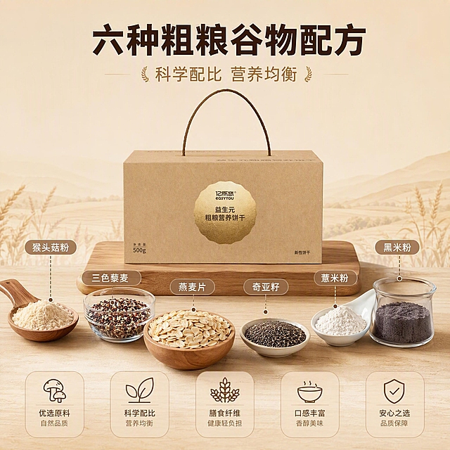 [主图-2] 核心亮点与溯源，主题：六种粗粮谷物 科学配比。
[统一基调] 整体风格为自然健康品质感，暖调自然光，背景主色为浅米色+暖木色，标题字色为深棕色，辅助字色为暖金色，强调色为燕麦黄，字体为厚重粗黑体+细黑体辅助，卡片用圆角浅棕半透明底，图标为简约线性风格。
[画面] 产品礼盒位于画面中央偏上，占比约40%，正面视角展示金色标签。礼盒下方呈扇形展开摆放六种核心原料：猴头菇粉（装在小木勺中）、三色藜麦（小玻璃碗）、燕麦片（木碗）、奇亚籽（小碟）、薏米粉（瓷勺）、黑米粉（小玻璃罐），每种原料旁边有细线引出的小标签标注名称。背景为浅米色渐变，底部有淡淡的谷物田剪影，传递产地天然感。
[光影质感] 柔和顶光+侧光，原料颗粒清晰可见，粉质细腻有光泽，玻璃和陶瓷容器有自然反光，礼盒材质纹理真实，整体干净通透有品质感。
[配色] 浅米色背景，深棕色文字，暖金色点缀，原料本身的自然色彩（米白、棕黄、深褐）丰富画面层次。
[文字版式] 画面顶部主标题"六种粗粮谷物配方"，下方小字"科学配比 营养均衡"。六种原料各有名称小标签，标签为圆角浅棕底白字。文字居中或沿扇形分布，不遮挡产品和原料主体。
[输出要求] 1:1正方形比例，2K分辨率，文字清晰，产品外观准确，原料真实可辨。负向：变形、错字、模糊、杂乱、水印、平台Logo、绝对化用语。