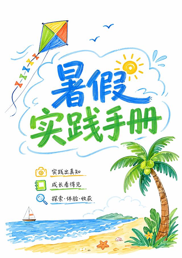 白底手绘马克笔风格，沙滩椰树风筝暑期元素装饰，主标题“暑假实践手册”，版式与上一张不同，全新构图，清晰干净，整体清爽活泼，符合A4尺寸，四边留安全边距