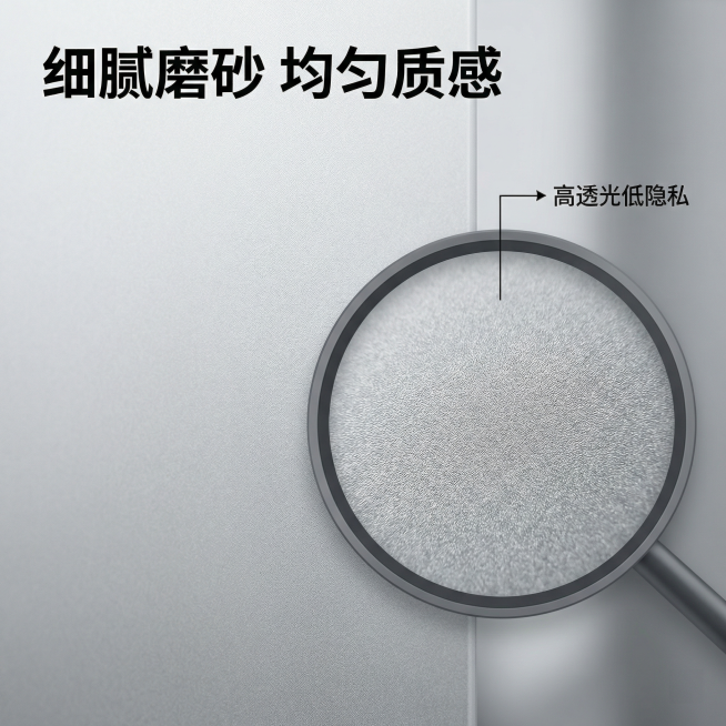 [主图 3 材质细节展示] 主图主题：静电磨砂玻璃膜材质细节；氛围/风格：现代简约，突出质感；画面元素：特写放大玻璃膜的磨砂纹理，侧逆光拍摄，展示材质均匀细腻的质感，右侧叠加一个圆形放大镜框，框内放大预览效果