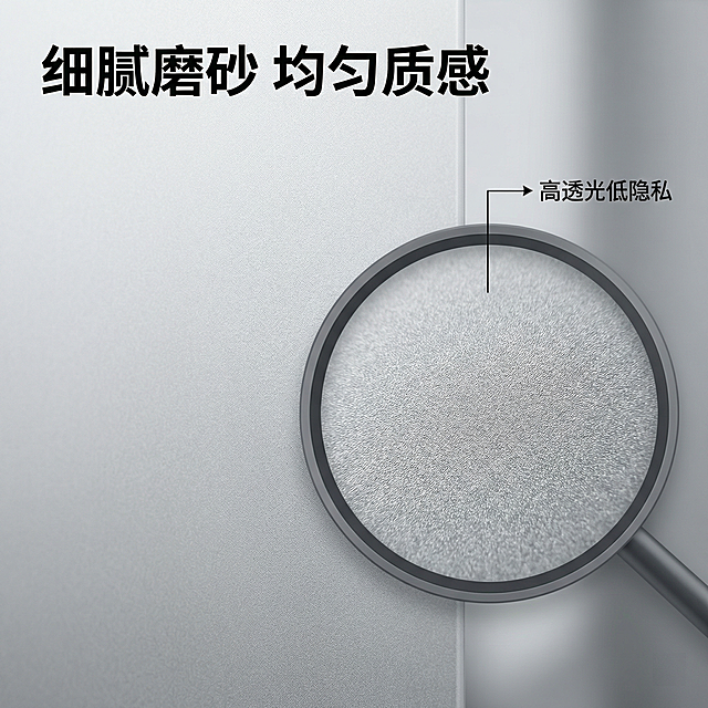 [主图 3 材质细节展示] 主图主题：静电磨砂玻璃膜材质细节；氛围/风格：现代简约，突出质感；画面元素：特写放大玻璃膜的磨砂纹理，侧逆光拍摄，展示材质均匀细腻的质感，右侧叠加一个圆形放大镜框，框内放大展示磨砂表面细节，框外图像稍作虚化；配色色系：浅灰为主，深灰突出细节；视角构图：特写平视，浅景深；文字版式：左上角主标题 "细腻磨砂 均匀质感"，无衬线粗体黑色，放大镜框旁用引线标注，文字 "高透光低隐私"，文字不遮挡核心细节。比例分辨率：2k分辨率