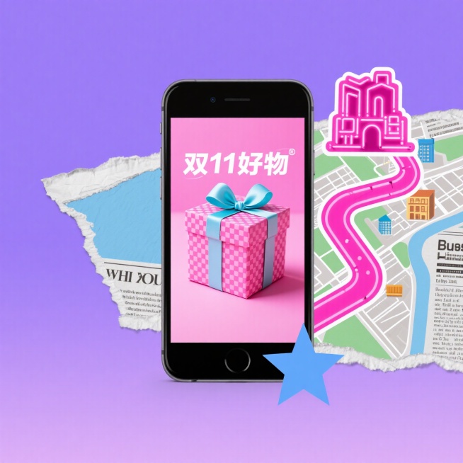 软蓝色和紫色渐变背景，左边是一部逼真的智能手机，屏幕上显示一个打开粉红色的礼盒，上面装饰着一条光滑的浅蓝色大丝带和蝴蝶结，还有中文文字“双11好物”用白色，俏皮的字体。在右边，描绘了一条发光的粉红色霓预览效果