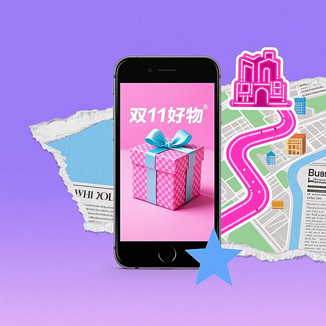 甜蜜感与卡通风交织，撕纸拼贴手法营造趣味空间，软3D礼盒搭配霓虹灯城市路径，双11促销氛围跃然屏上。