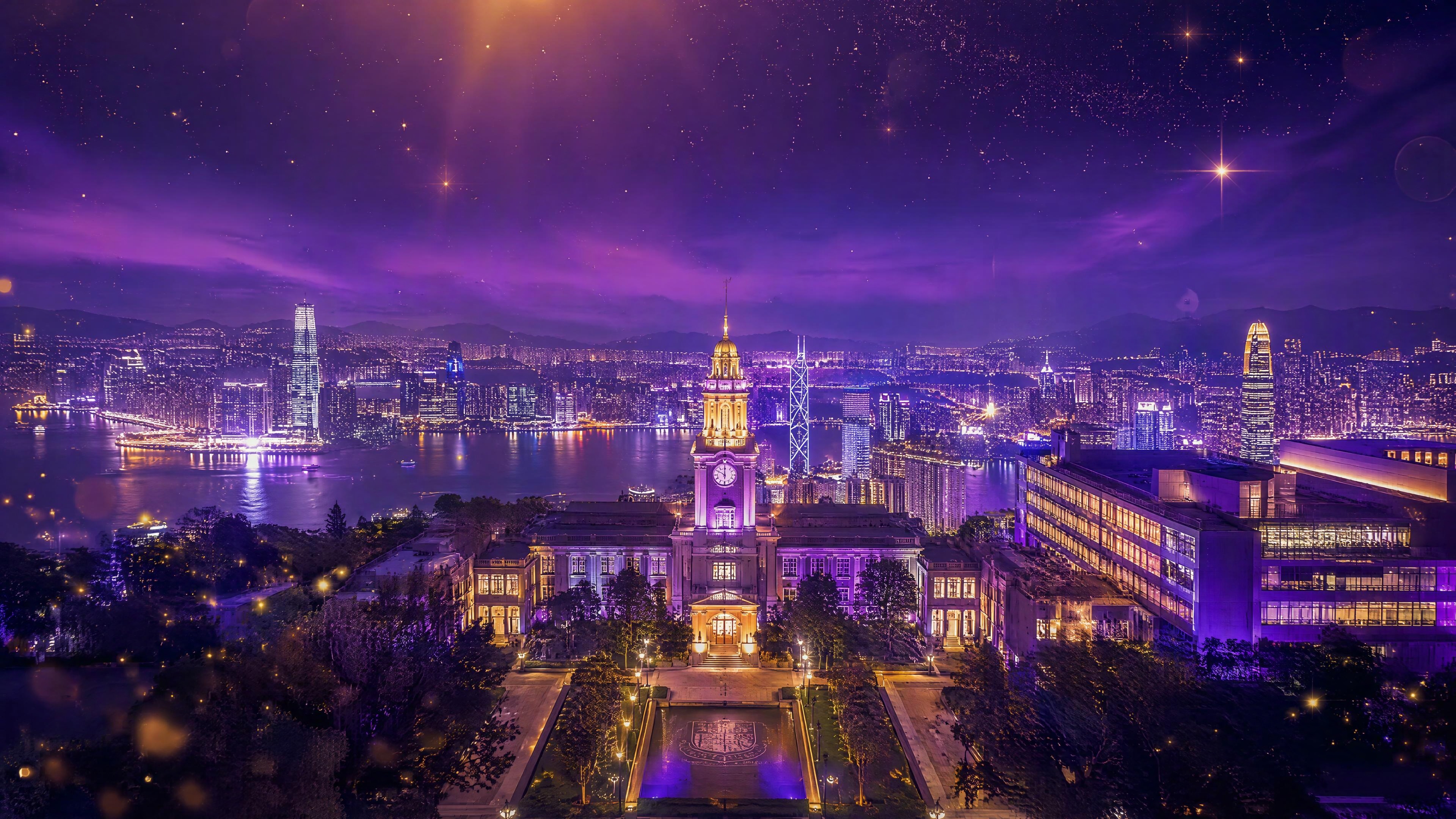 紫金配色的香港名校夜景背景图，画面中心是香港著名大学校园建筑夜… - 图片创意预览