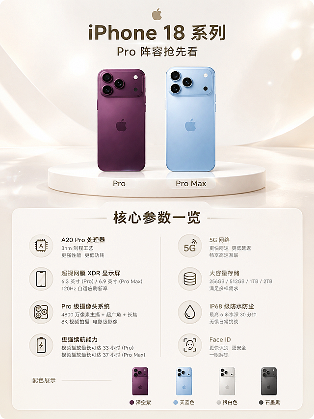 3:4竖版商业数码海报，米杏暖白色浅色系背景，细腻柔和漫射光影，极淡的细闪效果，白色圆形展台，iPhone 18 Pro和iPhone 18 Pro Max产品图按原图展示，不要重新设计。第二张产品参数图，左侧图标+文字信息模块展示产品数据参数，包含处理器、屏幕、摄像头、电池等核心参数信息，顶部标题文字为"核心参数一览"，底部设备配色样机标注名称，简约轻奢，画面通透干净，8K超高清，商业产品渲染