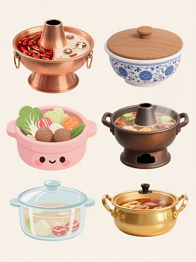 六个火锅造型以写实风格呈现，上下两行对齐排列，浅色背景。上排从左到右：鸳鸯铜锅，红汤沸腾飘辣椒，清汤奶白浮菌菇；复古铸铁锅，深棕锅底配木质锅盖，汤汁醇厚；青花瓷火锅，蓝白花纹精致，汤面平静映食材。下排从左到右：透明玻璃锅，清水锅底食材清晰可见；卡通手绘风粉色砂锅，Q版蔬菜肉丸，线条圆润可爱；金色珐琅锅，亮色汤汁带光泽，蔬菜鲜艳欲滴。每个火锅材质细节分明，配色各异，整体画面干净整洁。