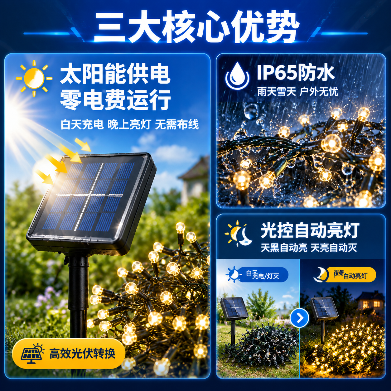 [主图-3] 主题：核心卖点 太阳能供电+防水+光控自动亮灯。… - 图片创意预览