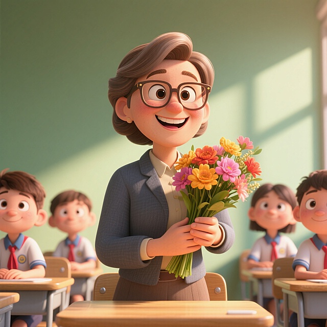 插画风教师节场景，拟人化老师手捧鲜花，清新卡通感十足。