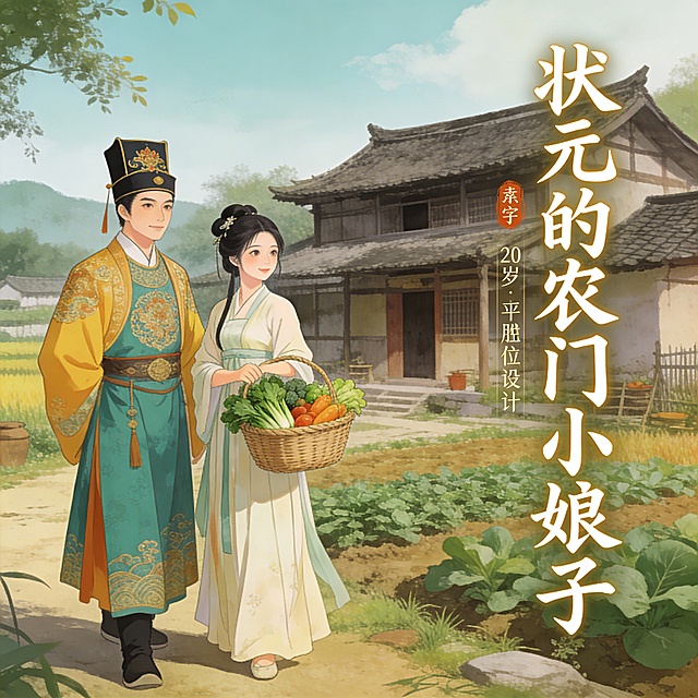 根据有声书《状元的农门小娘子》生成有声书封面 ，中国古风格式，平面设计，全景，画一幅封面，要体现“状元”与“贤惠的妻子”的形象，女子手里挎着一个篮子，篮子里有刚从地里摘的菜，两个人侧身面对镜头，两个人均在20岁左右，并且，以艺术字体写上字“状元的农门小娘子”比例：960:960，出4张图