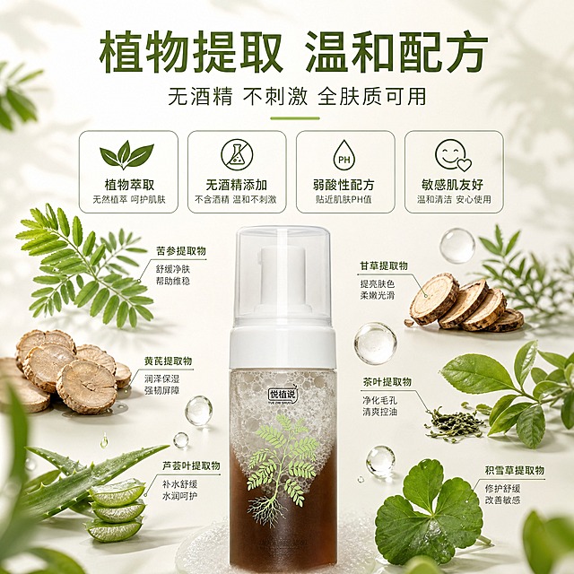 [主图-2] 核心卖点之植物提取与温和配方，展示成分天然无刺激的产品优势。
[统一基调] 整体风格为植萃天然纯净风，背景主色为奶油白+浅草木绿渐变，标题字色为深草木绿，辅助字色为暖灰，强调色为嫩绿色，字体为干净非衬线体，字号层级分明，卡片和图标采用圆角细线样式，整体高级简约有品质感。
[画面] 产品瓶身位于画面下方居中，占画面约40%，保持产品原貌。产品上方和周围悬浮多种真实草本植物叶片、植物根茎切片、精油水滴等成分元素，用细引线从成分指向产品，标注对应功效。背景为柔和的奶油白渐变，带有轻微的植物光影纹理。
[光影质感] 自然柔光摄影质感，成分元素有真实的体积感和光影，叶片纹理清晰，水滴晶莹剔透，产品瓶身光影自然融入场景，整体通透干净。
[配色] 主色奶油白+各种层次的绿色植物色，点缀透明水滴的亮白色，整体清新自然有生机。
[文字版式] 画面上方主标题大字为"植物提取 温和配方"，下方副标题"无酒精 不刺激 全肤质可用"。画面中部用4组圆角细线小卡片横向排列，每组配小图标和文字："植物萃取"、"无酒精添加"、"弱酸性配方"、"敏感肌友好"。文字均为深草木绿色，非衬线字体，主标题最大最醒目，卡片文字小号清晰。
[输出要求] 1:1正方形比例，2K分辨率，产品清晰，成分元素真实，文字清晰可读。负向：产品变形、成分元素虚假、文字错字、背景杂乱、水印、夸张医疗效果暗示。