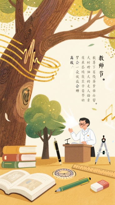 教师节快乐，树纹交融形成共振诗词。暖木色调与金色声波线，凹凸印刷模拟木材纹理，人物：教师、教师在讲课，素材：树、书本、笔、圆规、尺子、橡皮擦。预览效果