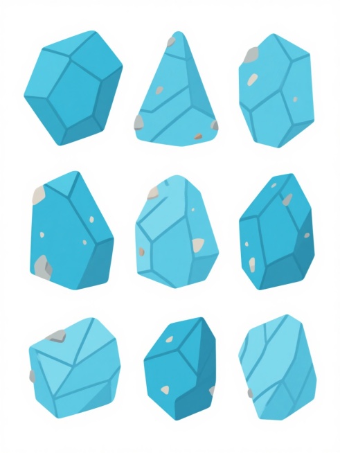 九块风格统一的卡通风格石头插画，白色背景，每块石头形态各异，包括不规则多边形、近似锥形、带有小碎石附着等，表面有清晰的几何块状切割感线条，呈现出明亮的天蓝色调，色彩过渡平滑均匀，简洁数字绘画质感，具有立体感，无阴影设计，整体保持扁平化视觉效果。预览效果