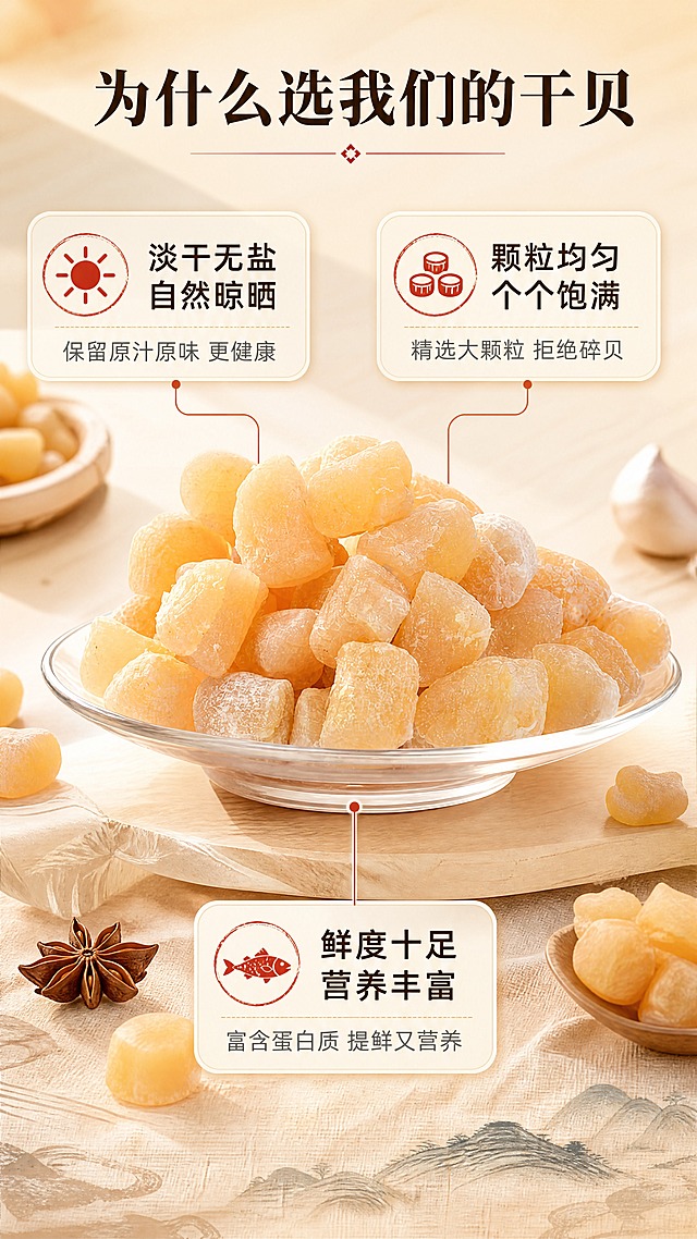 [商品] 使用【图1】淡干干贝（瑶柱）；保留干贝的淡黄色、不规则柱形颗粒、表面白霜状淡干结晶、颗粒饱满的形态与真实纹理；不改变颜色、形状和材质质感。
[画面] 目标：卖点拆解，3大核心理由。构图：中心引线型，画面中央玻璃碗盛放干贝（使用图1形态），产品占画面45%，从干贝向四周引出3条细线分别指向3个卖点卡片，左上、右上、下部分布，背景为浅米色渐变底，点缀少许干贝颗粒和香料，形成中心聚焦、四周信息环绕的布局。
[视觉] 套系策略：风格=中式家常烟火气商业美食摄影；标题字=宋体粗体（厚重有质感）；正文字=简洁无衬线体；主色=暖米杏+浅金黄；背景延展=基于暖米杏做深浅层级、同色渐变和细腻木纹/宣纸质感；强调色=朱砂红，仅用于小面积图标、引线和标签；标题色=深棕褐；正文色=暖中灰；组件=圆角浅底信息卡、细线引线、中式印章式标签；光影=左前侧暖柔光，自然通透。背景、道具、卡片按主色做深浅/明暗/材质延展；强调色只用于小面积图标、引线、标签或局部光效；产品信息面清晰。
[文字] 顶部主标题「为什么选我们的干贝」（10字），3个卖点卡片分别为：「淡干无盐 自然晾晒」（配说明：保留原汁原味 更健康）、「颗粒均匀 个个饱满」（配说明：精选大颗粒 拒绝碎贝）、「鲜度十足 营养丰富」（配说明：富含蛋白质 提鲜又营养），每个卖点配小图标，引线从产品指向卡片，所有文字横向排版，手机端清晰可读。
[规格] 图片比例9:16竖版，4K分辨率，负向提示：避免变形、错字、文字过小、冷蓝/蓝灰背景、干贝颜色改变、绝对化用语、医疗功效承诺、平台Logo水印。