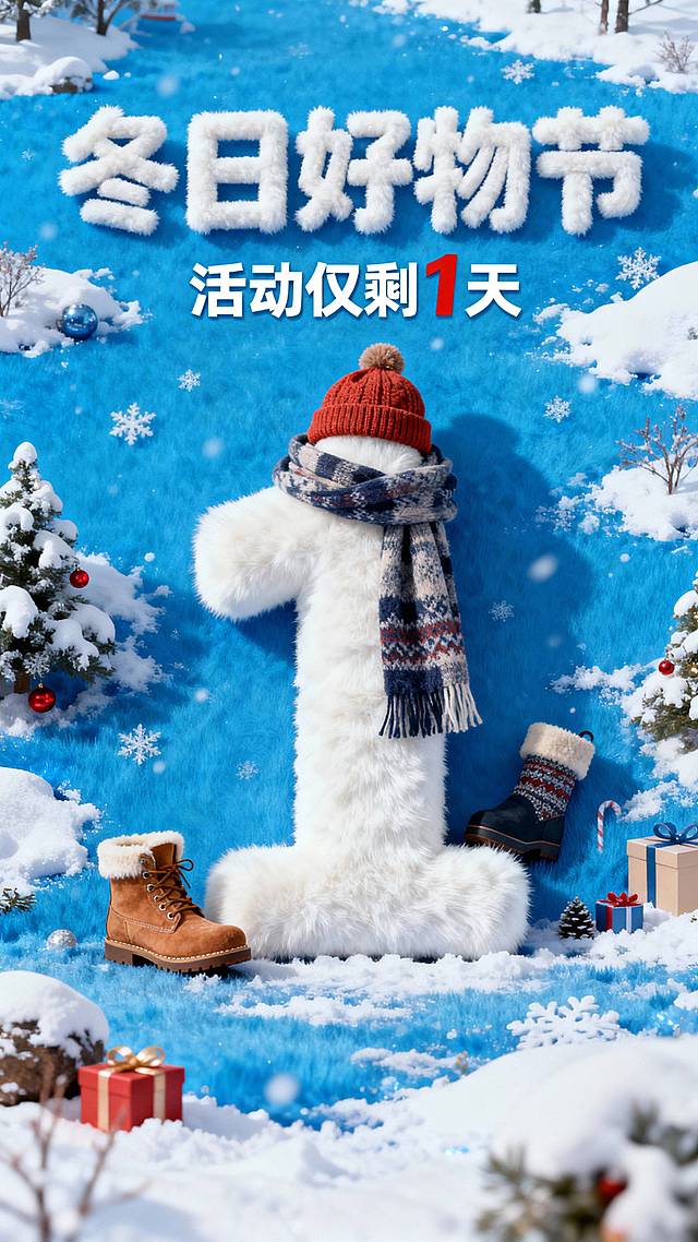 画面中央是是一个由毛绒材质构成的白色的“1”字造型，上面搭配着围巾、帽子、靴子，促销元素环绕在附近，画面上方是主标题毛绒字“冬日好物节”，副标题“活动仅剩1天”，背景是蓝色雪景，色彩鲜艳。