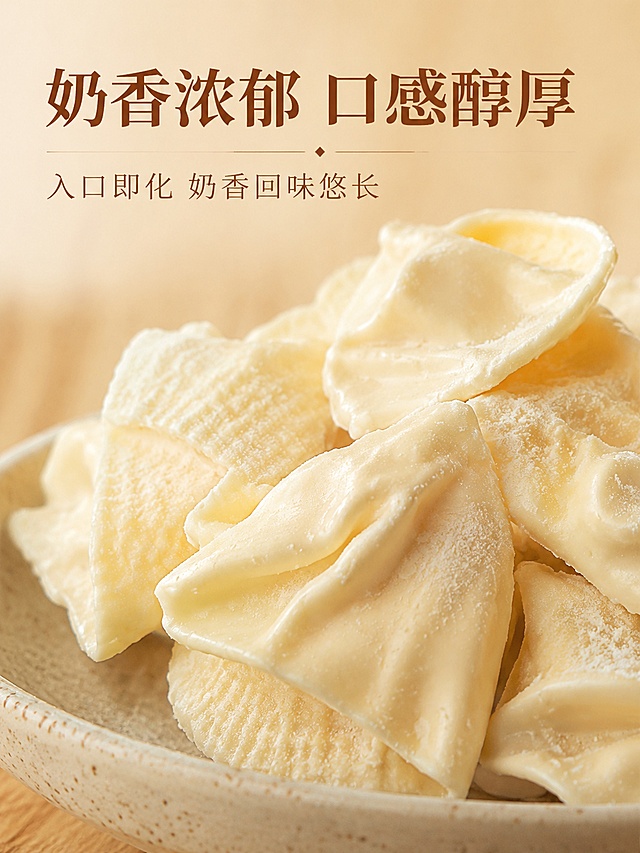 [第3屏] 奶香浓郁质地特写，展示烤酸奶真实纹理。本屏使用【图1】产品细节进行创作。氛围风格：微距食欲感，暖调自然，突出醇厚奶味质感。元素布局：烤酸奶奶块微距特写占据画面70%，展示奶块自然褶皱和奶白色肌理，表面带自然奶香粉质，奶块放置在浅色粗陶盘上，背景虚化浅原木桌面，保持产品质地颜色与原图一致，无变形。光影质感：自然暖逆光勾勒奶块轮廓，奶体质感通透，纹理层次清晰，诱人食欲。配色色系：全局底色 #f5f0e6，主色奶白色奶块，浅木色背景，暖棕文字。视角构图：微距特写，浅景深突出纹理细节。文字版式：顶部主标题「奶香浓郁 口感醇厚」，粗体棕红色；下方小字补充「入口即化 奶香回味悠长」，小字号同色系，文字不遮挡主体特写。比例分辨率：3:4 竖版比例，4K分辨率，文字清晰可辨，高清画质。负向提示词：变形，水印，文字错乱，颜色偏差，产品模糊。