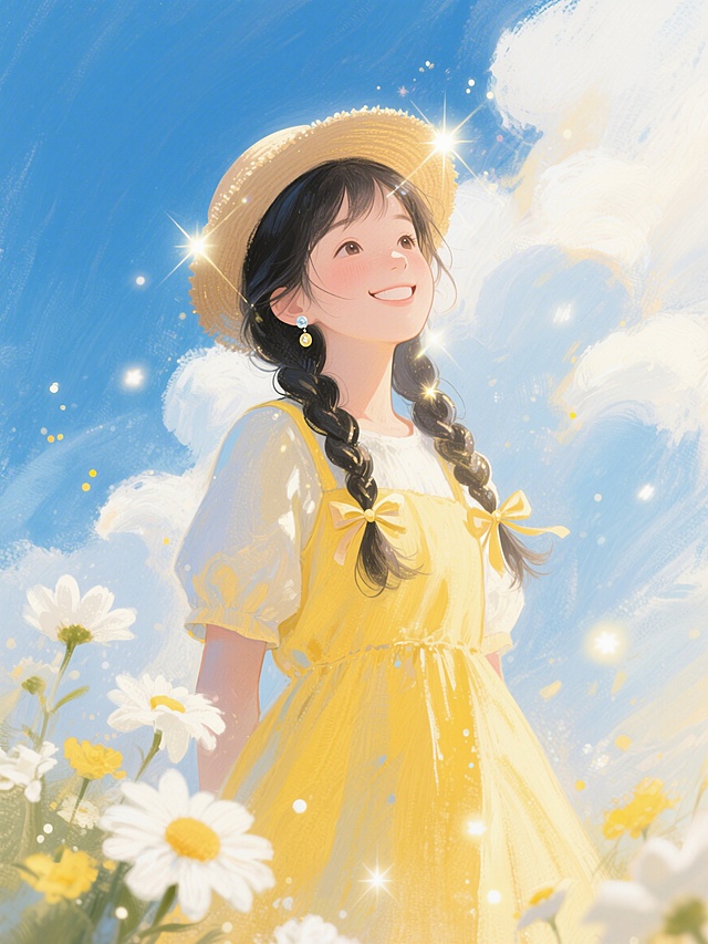 一名女孩，穿着黄色连衣裙，戴着帽子，梳着辫子，黑发，佩戴耳环，背景是蓝天和云朵，女孩微笑，周围有白色花、黄色花，带有蝴蝶结，仰视角度，中景，矢量插画风格