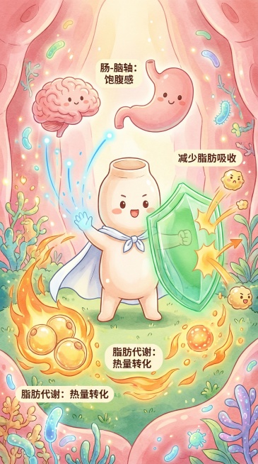 治愈系插画风格，色彩清新明亮。画面中是一个可爱的益生菌拟人化角色，身穿白色守护者披风，站在健康的肠道环境中，肠道内壁有丰富的益生菌和健康菌群结构。益生菌左手发出信号连接到上方的大脑和胃部（肠-脑轴），预览效果