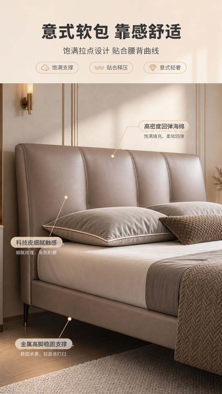 [商品] 使用【图1】意式轻奢高脚齐边皮艺床；保留床头软包造型… - 图片创意预览