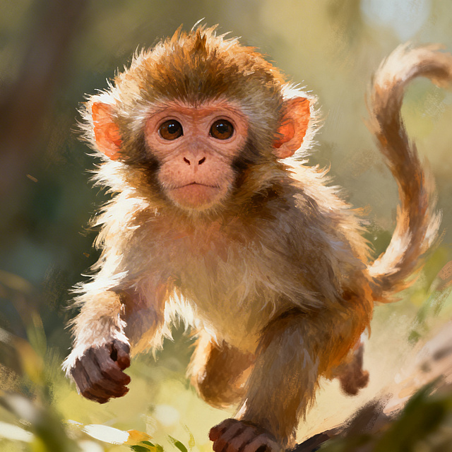 一只生动可爱的猴子，毛发蓬松自然，姿态活泼灵动，细节丰富