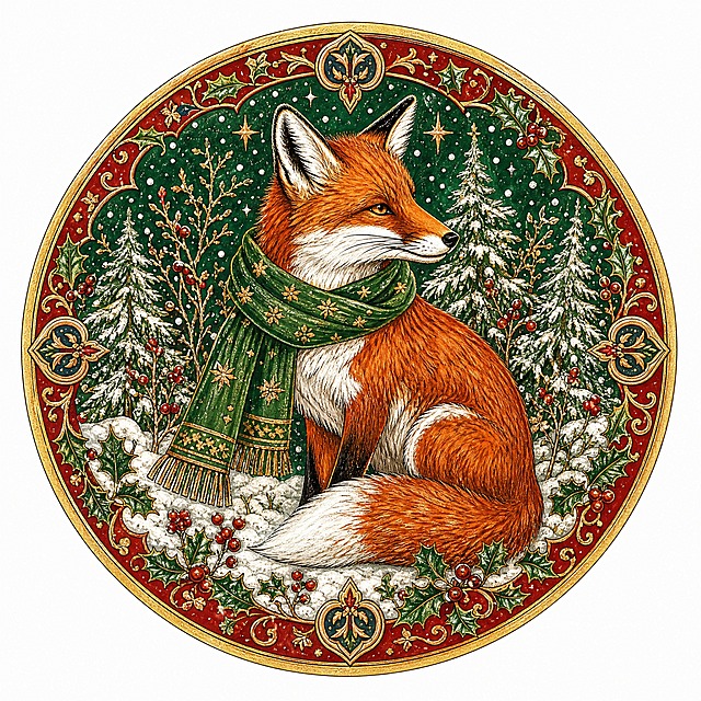Christmas sticker, medieval illuminated manuscript style, a Christmas fox with red fur wearing a green scarf, winter forest animal, circular composition 800x800, rich red orange and deep green and snow white colors, medieval bestiary fox style, isolated on clean white background, e-commerce sticker design, high detail