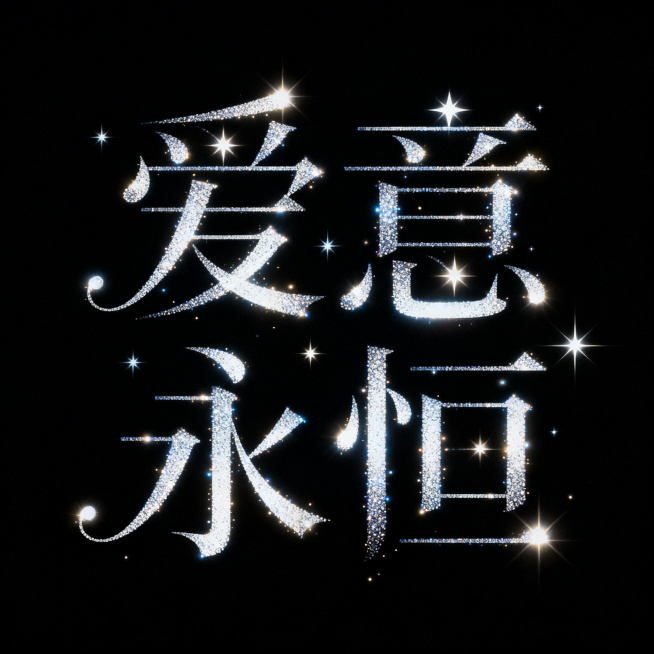纯黑色背景，“爱意永恒”抽象华丽艺术字体，字体笔划由发光粒子构成，流畅连笔搭配装饰性样式，笔画点缀星星元素，文字辨识度极低几乎看不清预览效果