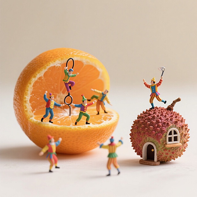 一颗巨大的橘子外壳，果肉被掏空，外壳剥开一块，里面是一群小人在耍杂技，荔枝壳上安了窗户。