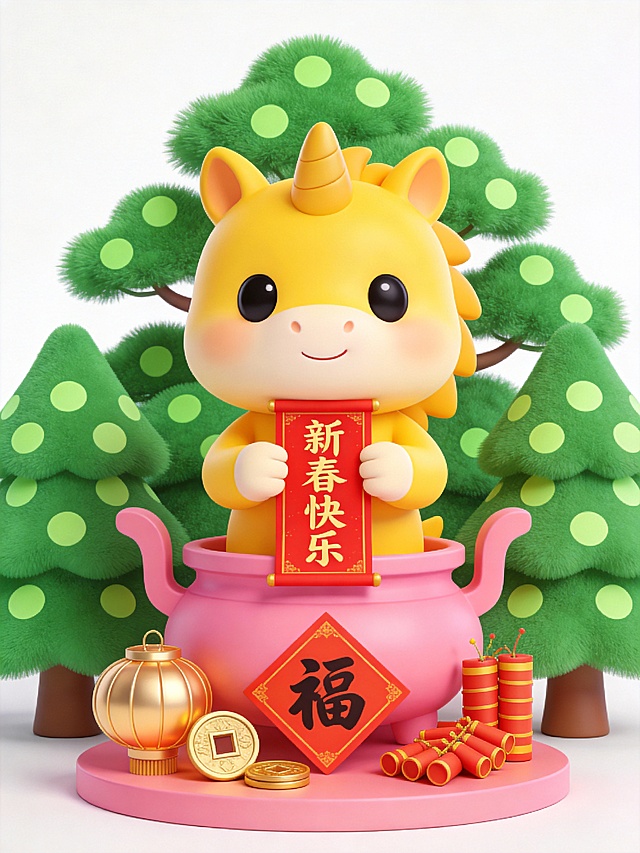 生成一套八张不同姿势的3D卡通素材图，主角是一只圆润黑眼睛、表情呆萌可爱的 Q 版黄色小马，整体呈现高饱和度的多巴胺糖果色系，纯白色背景，完整展示所有素材
1、粉色的招财鼎承载的新春场景中：小马两只前蹄抱着一副红底金字春联，嘴角微微上扬，它身后簇拥着表面带浅绿色波点的风格化绿色松树，招财鼎底座下摆放着烫金灯笼、方孔铜钱、炮竹与一张倒福字。
2、橘色元宝形礼盒承载的新春场景，小马只前蹄抬起作揖拜年，另一只前蹄抱着烫金红包，耳朵微微晃动，它身后簇拥着花瓣带浅蓝色波点的风格化红梅，礼盒底座下摆放着剪纸灯笼、方孔铜钱、炮竹与一沓压岁红包。
3、檬黄色多层食盒承载的新春场景，小马两只前蹄牵着系着粉丝带的点心礼盒，脑袋歪向一侧卖萌，它身后簇拥着花叶带嫩黄色波点的风格化水仙，食盒底座下摆放着手绘灯笼、方孔铜钱、炮竹与几盒精致的酥糖点心。
4、青柠绿色描金果盘承载的新春场景，小马一只前蹄举着一串红彤彤的糖葫芦，正眯着眼睛啃咬得津津有味，它身后簇拥着枝条带翠绿色波点的风格化银柳，果盘底座下摆放着复古印花灯笼、方孔铜钱、炮竹与一盘装满瓜子花生的果盘。
5、天蓝色陶制食罐承载的新春场景，小马两只前蹄捧着一盘金黄的灶糖，尾巴轻轻摇摆着，它身后簇拥着竹节带天蓝色波点的风格化富贵竹，食罐底座下摆放着镂空宫灯、方孔铜钱、炮竹与一个迷你的木质灶台摆件。
6、橘红色描金聚宝盆承载的新春场景，小马两只前蹄举着一个沉甸甸的大金元宝，耳朵竖得笔直，它身后簇拥着叶片带橘红色波点的风格化年桔，聚宝盆底座下摆放着招财进宝主题灯笼、方孔铜钱、炮竹与一顶精致的财神帽。
7、紫罗兰色竹编簸箕承载的新春场景，小马一只前蹄握着一把小巧的竹扫帚，正在轻轻扫着地，它身后簇拥着花瓣带淡紫色波点的风格化腊梅，簸箕底座下摆放着简约条纹灯笼、方孔铜钱、炮竹与一袋饱满的五谷杂粮。
8、薄荷绿色雕花花灯盏承载的新春场景，小马头顶戴着一个彩色的人胜发饰，两只前蹄开心地拍着，它身后簇拥着花瓣带薄荷绿色波点的风格化桃花，花灯盏底座下摆放着缤纷花灯、方孔铜钱、炮竹与几缕五彩的编织彩绳。