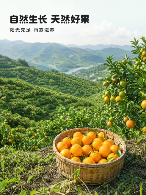 「图片1」「图片1」「图片1」「图片1」「图片1」创作脐橙商品的详情图，包括焦点图、卖点图、细节图、信息图、果园图、售后说明等。预览效果