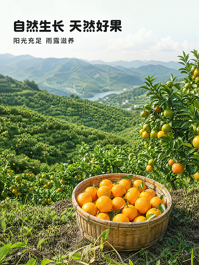「图片1」「图片1」「图片1」「图片1」「图片1」创作脐橙商品的详情图，包括焦点图、卖点图、细节图、信息图、果园图、售后说明等。