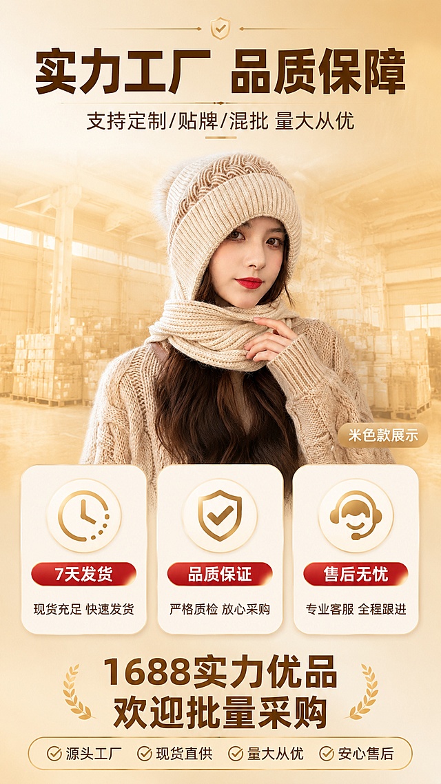 [第10屏] 实力供货页 - 1688工厂实力与售后保障。本屏使用【图4】米色款作为产品展示参考。
[氛围/风格] 实力背书风，专业可信，批发供货感，1688平台风格。
[元素布局] 上半部分为米色款帽子模特半身展示，占画面40%；下半部分为3个实力保障卡片横向排列；背景为暖金色渐变+工厂/仓库虚化剪影（暗示供货实力）；产品图清晰温暖。
[光影质感] 上半部分暖光人像质感，下半部分卡片区明亮干净，整体专业可信氛围。
[配色色系] 全局底色#F5EDE0暖米色渐变；主色米色帽子；辅助色深棕文字、金色图标、白色卡片；点缀色红色保障标签。
[视角构图] 上下布局，上图下文，下半部分三卡并列，阅读动线上→下，左→右。
[文字版式] 顶部主标题「实力工厂 品质保障」粗体深棕字，副标题「支持定制/贴牌/混批 量大从优」中号棕字；下半部分三张卡片：左卡「7天发货」配时钟图标+「现货充足 快速发货」，中卡「品质保证」配盾牌图标+「严格质检 放心采购」，右卡「售后无忧」配服务图标+「专业客服 全程跟进」；底部大字「1688实力优品 欢迎批量采购」；文字清晰层级分明。
[比例分辨率] 9:16竖版比例，4K分辨率，文字清晰可辨，高清画质。
[负向提示词] 产品变形，水印，文字错乱，图标不清，排版杂乱，颜色偏差。
