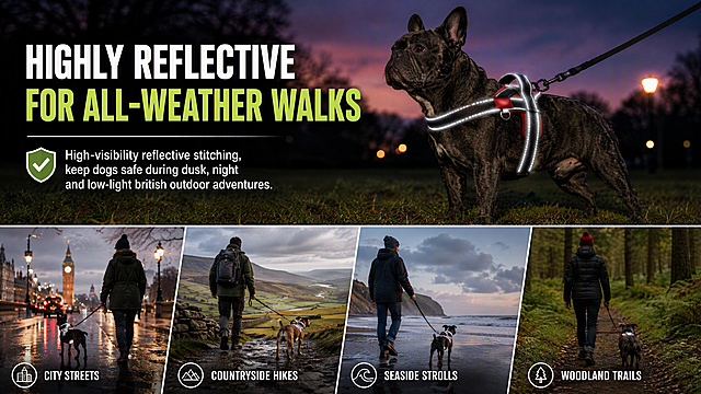 Wide horizontal amazon A+ banner, top section dog wearing harness on park grass at dusk, reflective stitching glows clearly, bottom collage of multiple lifestyle scenes: city street, countryside hiking, seaside walking, bold headline "HIGHLY REFLECTIVE FOR ALL‑WEATHER WALKS", text "High‑visibility reflective stitching, keep dogs safe during dusk, night and low‑light british outdoor adventures", atmospheric dusk lighting, realistic pet lifestyle photography, clean graphic text
